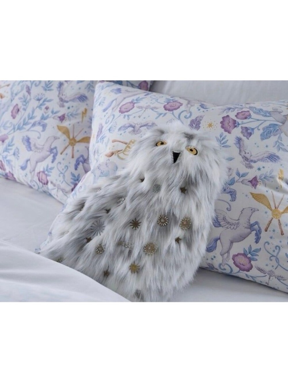 Pottery Barn Teen Hedwig White Faux Fur Owl Pillow with Gold Star Accents